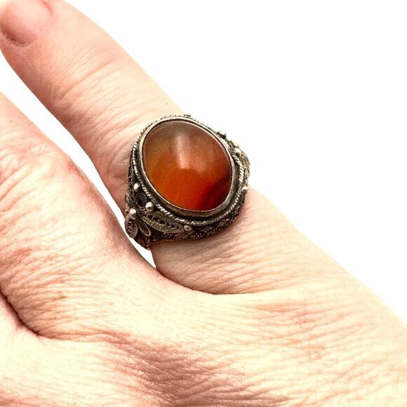 Vintage Chinese Export Carnelian Sterling Silver Filigree Adjust Ring Set at 6.5 - Picture 3 of 7